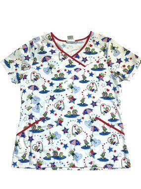Patriotic Frog Scrub Top With V-Neck and Pockets Size M